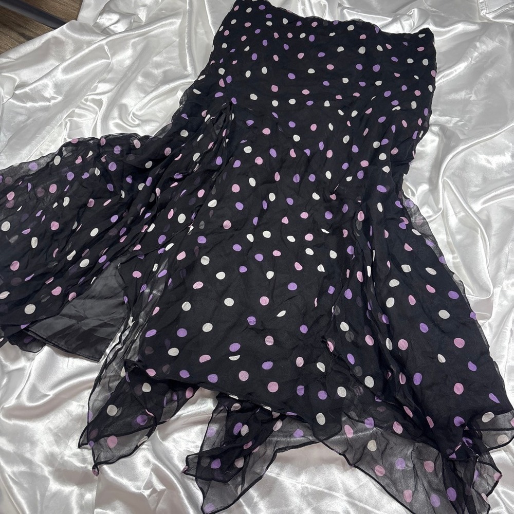 y2k whimsical ICE Skirt Black Silk Polka Dot Handkerchief Hem Ice Size 10